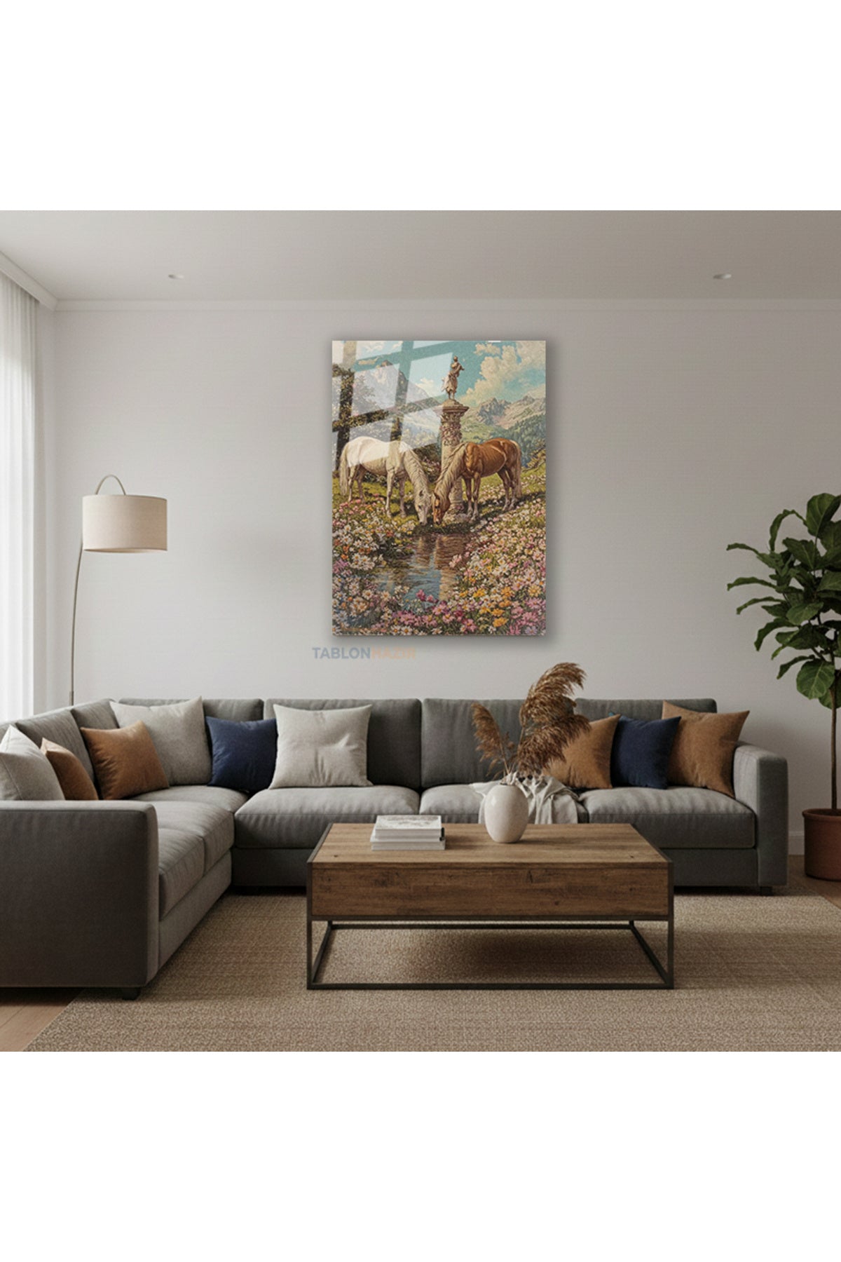 Dikey Cam Tablo Salon Duvar Tablosu Dikey Cam Atlar Su İcerken Yeni Ev Hediyesi Ofis Tablosu