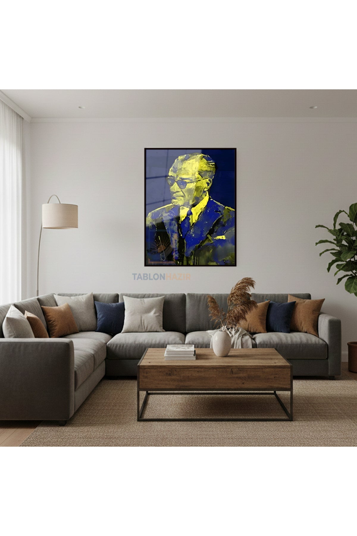 Dikey Çerçeveli Cam Ataturk Sari Mavi Modern Ev Dekoru Duvar Sanatı Ev Ofis Tablosu