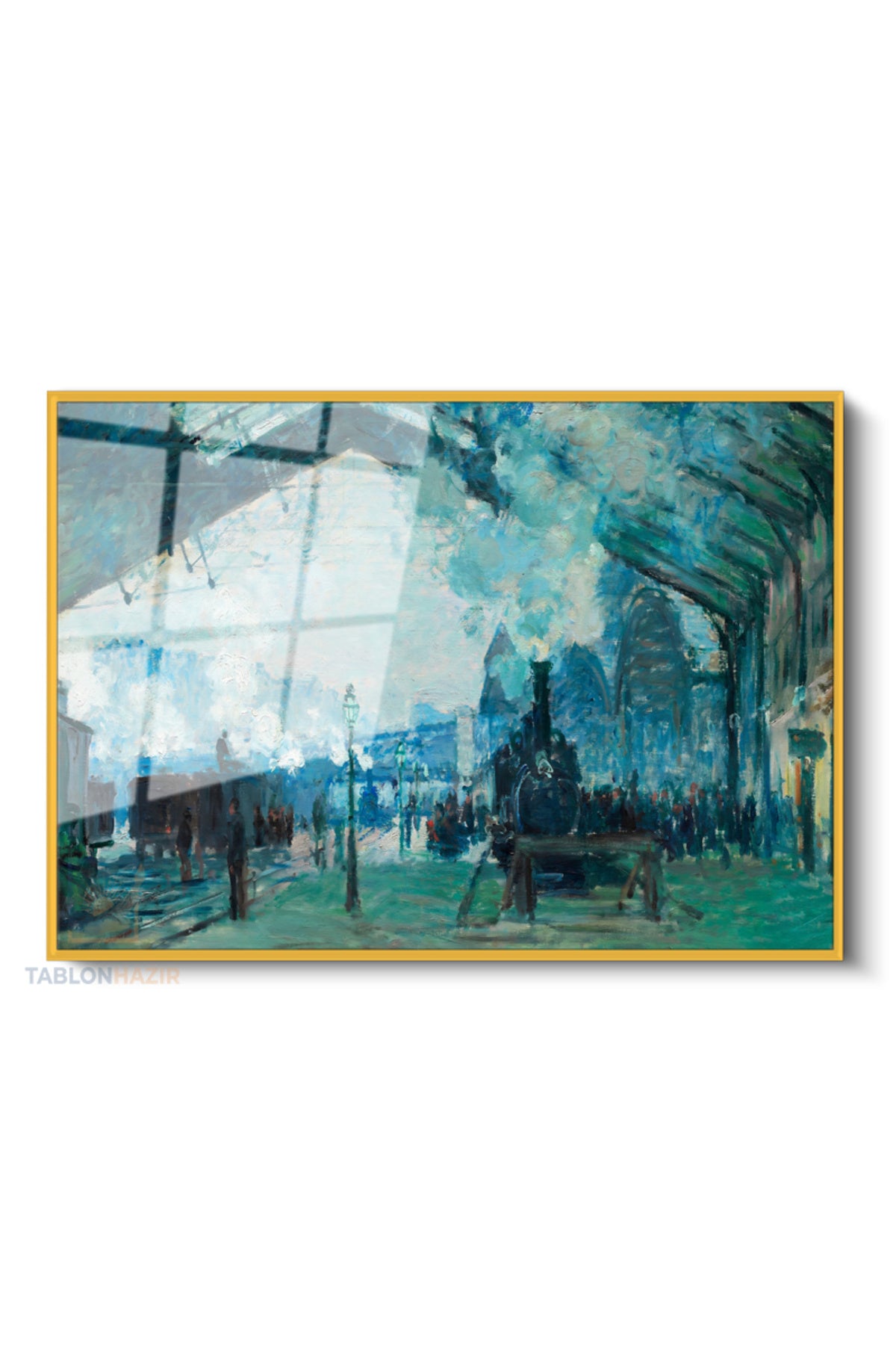 Çerçeveli Yatay Cam Tablo Salon Duvar Tablosu Yatay Cam Klasik Tren İstasyonu Ofis Tablosu