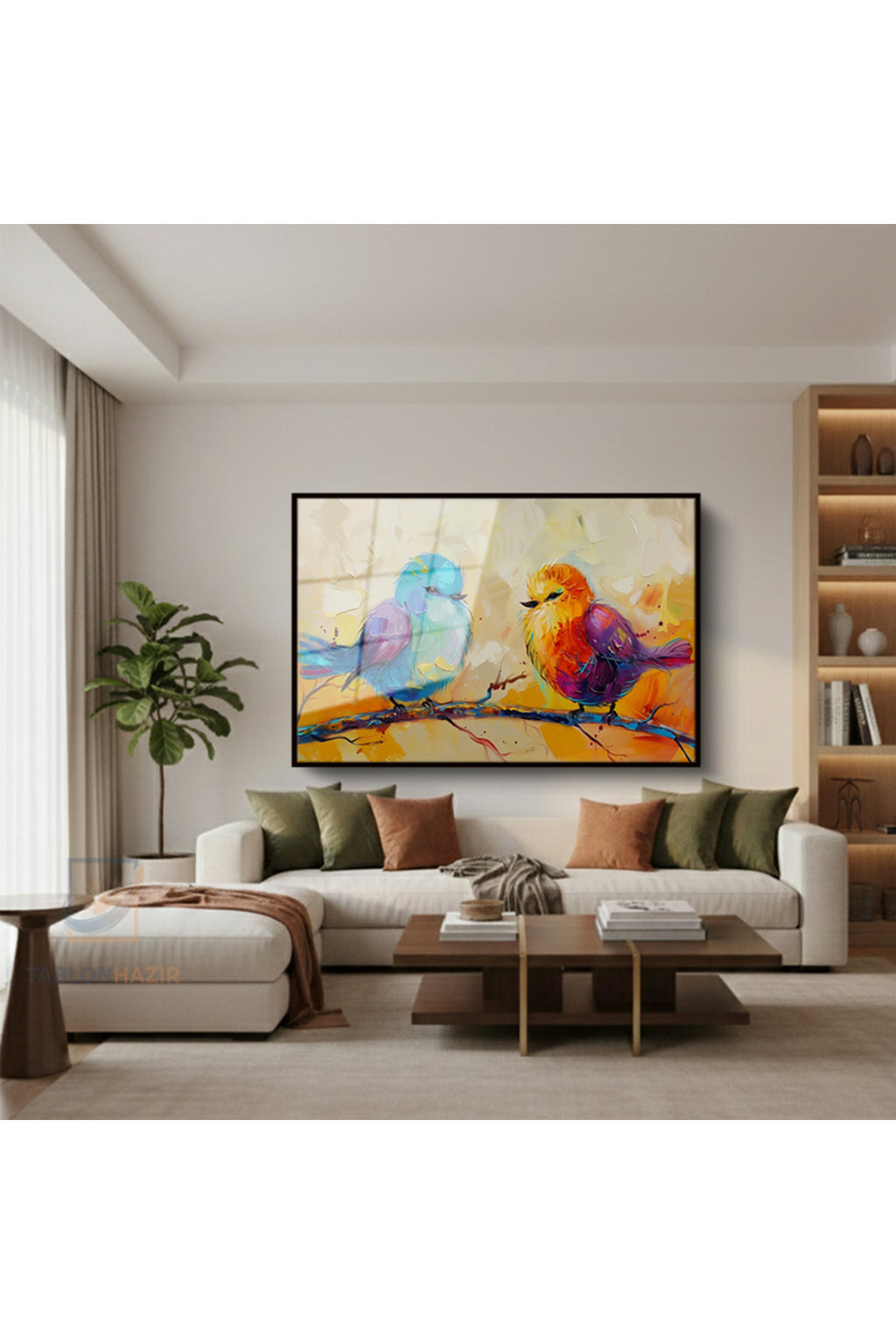Çerçeveli Yatay Cam Tablo Salon Duvar Tablosu Yatay Cam Renklikuslar Yeni Ev Hediyesi Ofis Tablosu