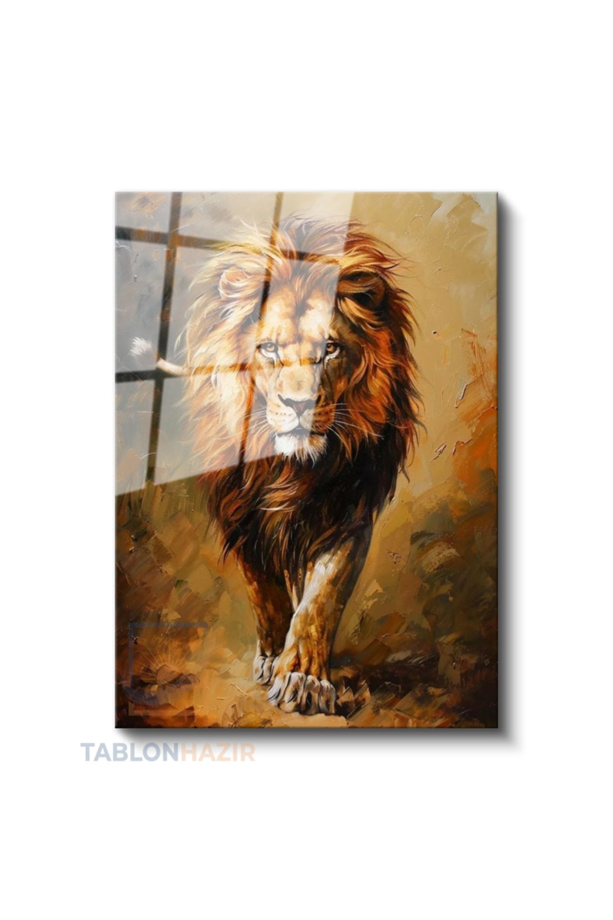 Dikey Cam Tablo Salon Duvar Tablosu Dikey Cam Aslan1 Yeni Ev Hediyesi Ofis Tablosu