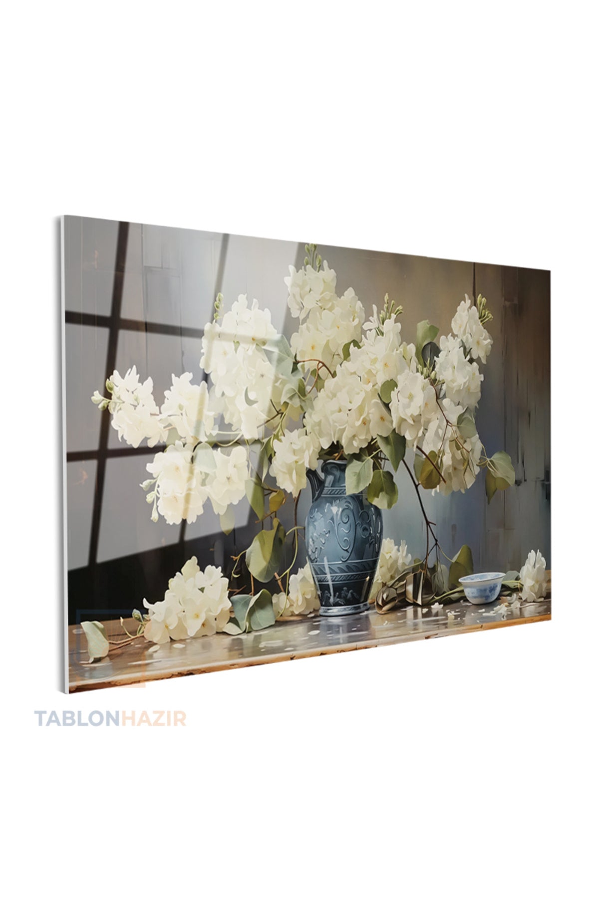 Yatay Cam Tablo Salon Duvar Tablosu Yatay Cam Vazodabeyazcicekler2 Yeni Ev Hediyesi Ofis Tablosu