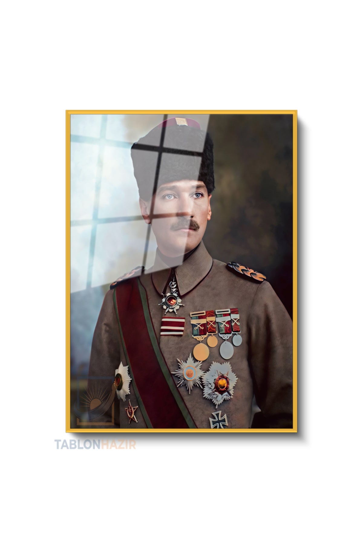 Dikey Çerçeveli Cam Ataturk Uniformalı Rozetli Modern Ev Dekoru Duvar Sanatı Ev Ofis Tablosu