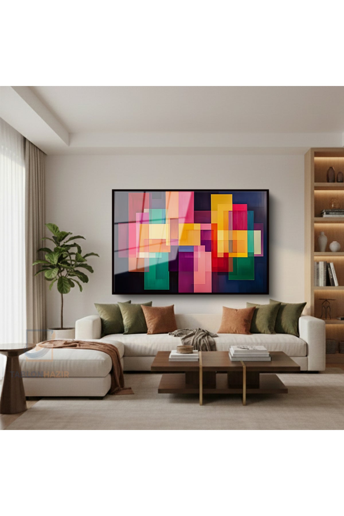 Çerçeveli Yatay Cam Tablo Salon Duvar Tablosu Yatay Cam Geometriksekiller5 Ofis Tablosu