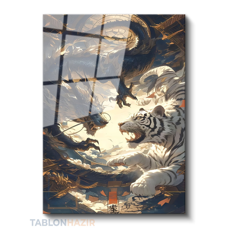 Dikey Cam Tablo Salon Duvar Tablosu Dikey Cam Ejderha Ve Kaplan Yeni Ev Hediyesi Ofis Tablosu