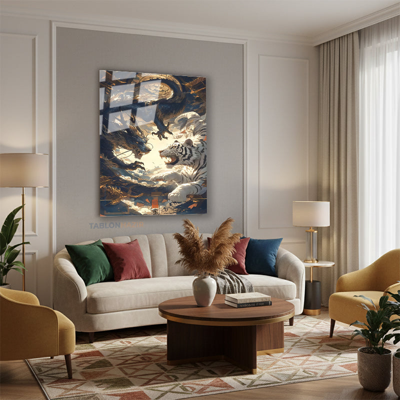 Dikey Cam Tablo Salon Duvar Tablosu Dikey Cam Ejderha Ve Kaplan Yeni Ev Hediyesi Ofis Tablosu