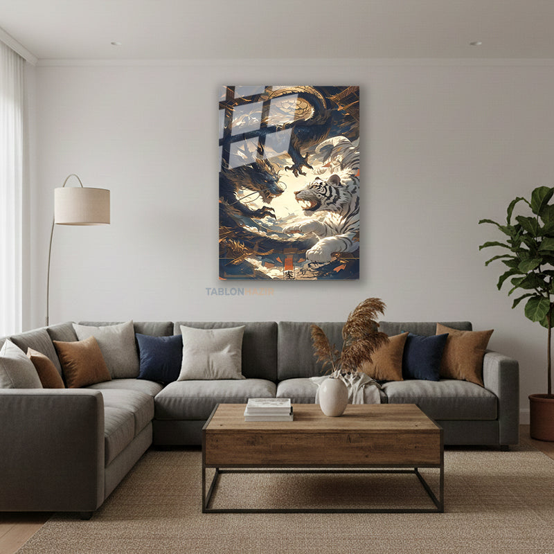 Dikey Cam Tablo Salon Duvar Tablosu Dikey Cam Ejderha Ve Kaplan Yeni Ev Hediyesi Ofis Tablosu