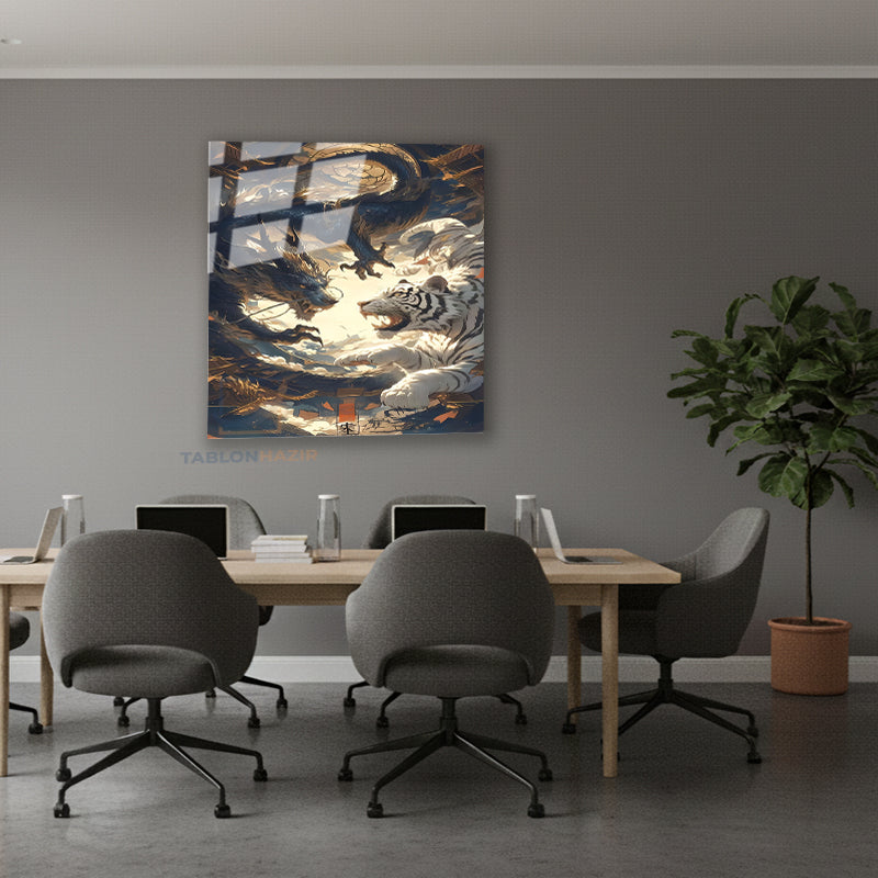 Dikey Cam Tablo Salon Duvar Tablosu Dikey Cam Ejderha Ve Kaplan Yeni Ev Hediyesi Ofis Tablosu