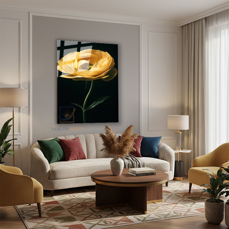 Dikey Cam Tablo Salon Duvar Tablosu Dikey Cam Estetik Sari Cicek Yeni Ev Hediyesi Ofis Tablosu