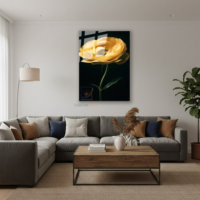 Dikey Cam Tablo Salon Duvar Tablosu Dikey Cam Estetik Sari Cicek Yeni Ev Hediyesi Ofis Tablosu