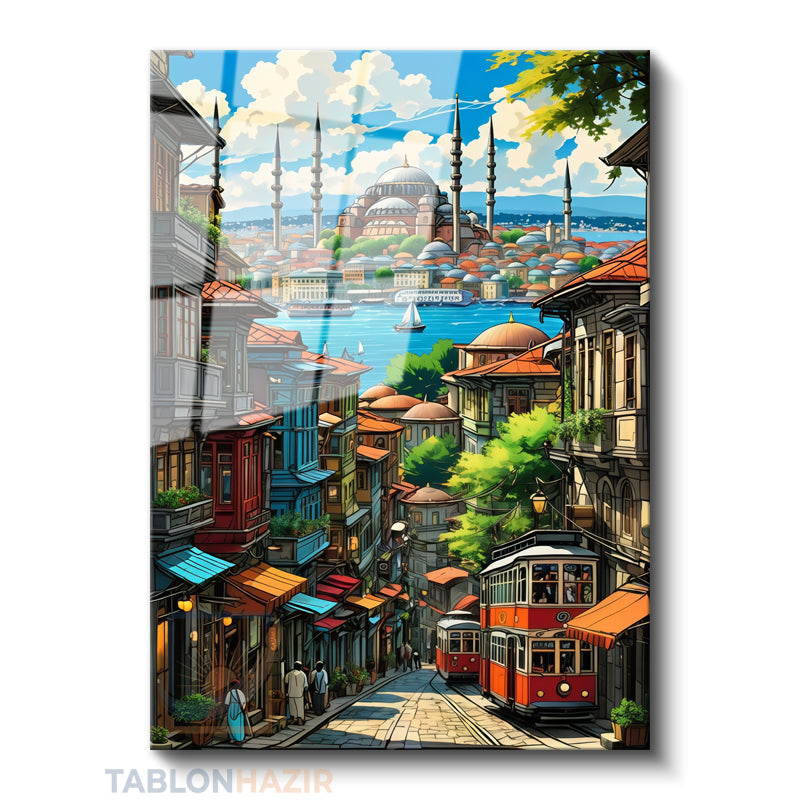Dikey Cam Tablo Salon Duvar Tablo Dikey Cam İstanbul Ve Manzarası Çizimi Ev Hediyesi Ofis Tablo