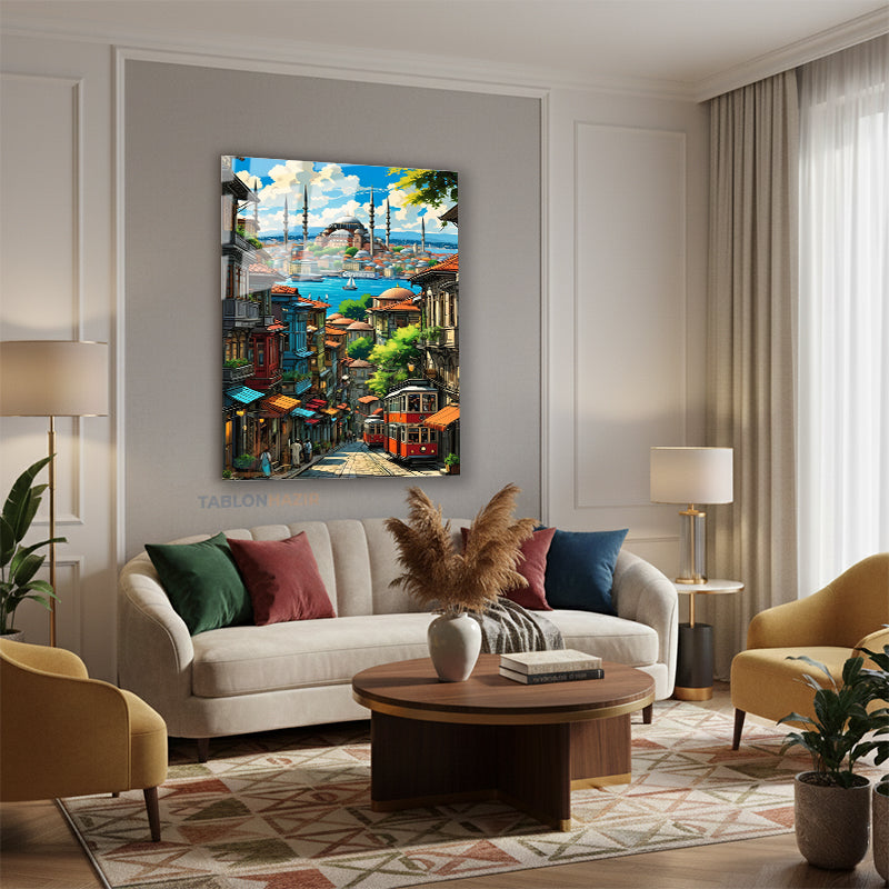 Dikey Cam Tablo Salon Duvar Tablo Dikey Cam İstanbul Ve Manzarası Çizimi Ev Hediyesi Ofis Tablo