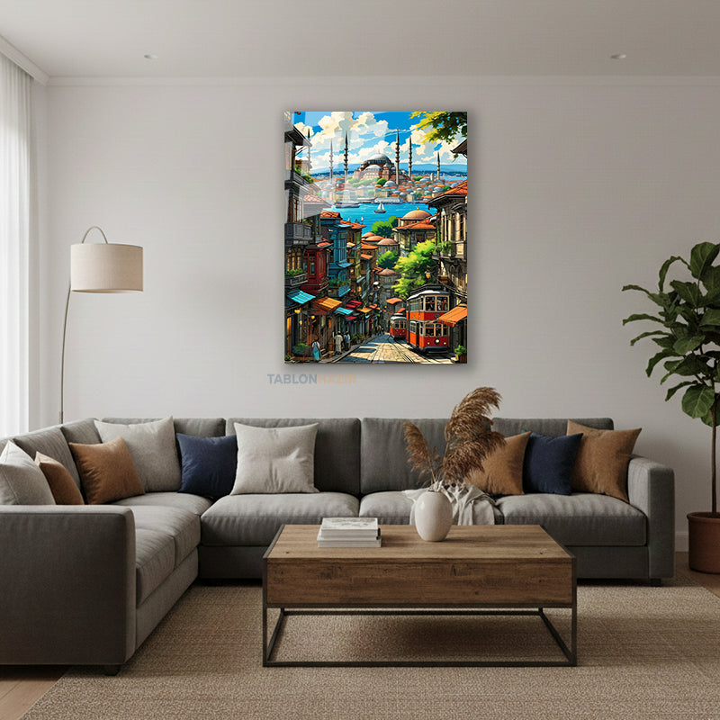 Dikey Cam Tablo Salon Duvar Tablo Dikey Cam İstanbul Ve Manzarası Çizimi Ev Hediyesi Ofis Tablo