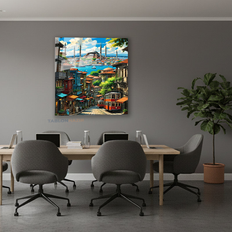 Dikey Cam Tablo Salon Duvar Tablo Dikey Cam İstanbul Ve Manzarası Çizimi Ev Hediyesi Ofis Tablo