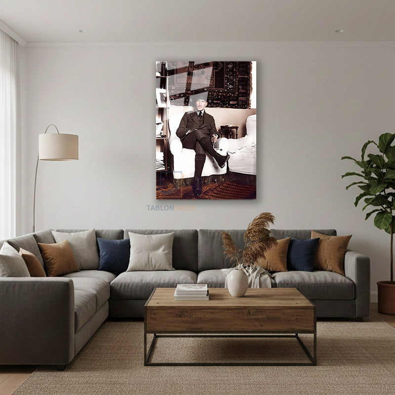 Dikey Cam Tablo Salon Duvar Tablosu Dikey Cam Kanvas Atatürk 00031 Yeni Ev Hediyesi Ofis Tablosu