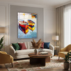 Dikey Cam Tablo Salon Duvar Tablosu Dikey Cam Kirmizi Sari Kayiklar Yeni Ev Hediyesi Ofis Tablosu