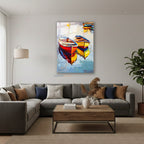 Dikey Cam Tablo Salon Duvar Tablosu Dikey Cam Kirmizi Sari Kayiklar Yeni Ev Hediyesi Ofis Tablosu