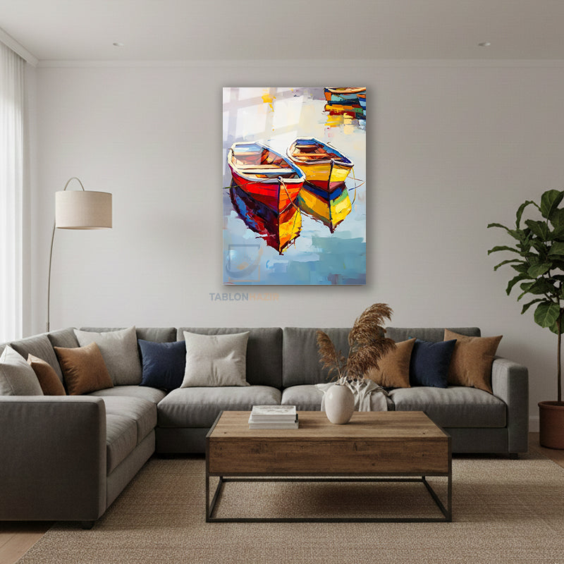 Dikey Cam Tablo Salon Duvar Tablosu Dikey Cam Kirmizi Sari Kayiklar Yeni Ev Hediyesi Ofis Tablosu