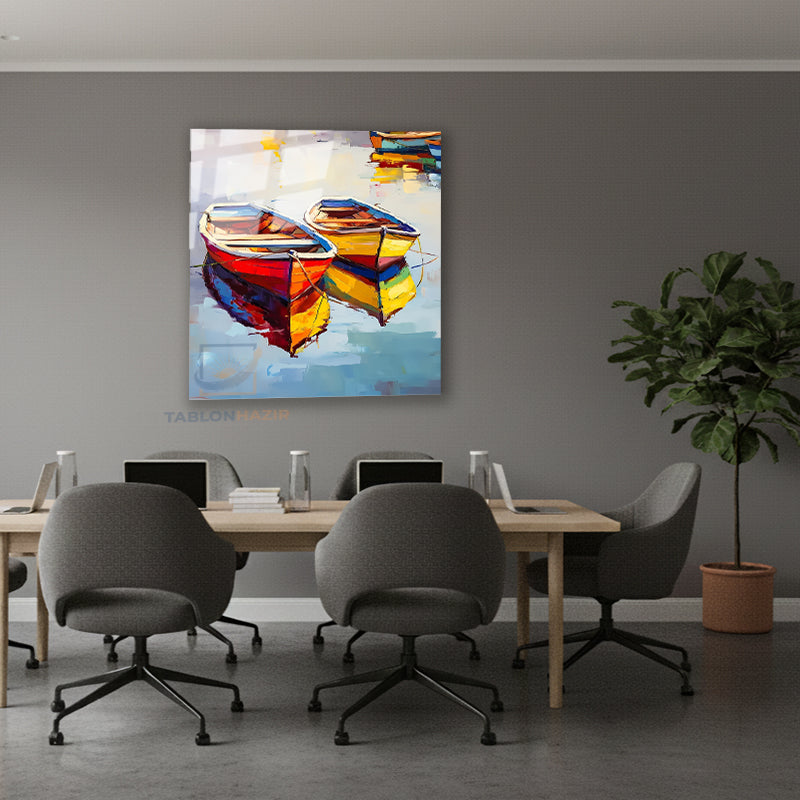 Dikey Cam Tablo Salon Duvar Tablosu Dikey Cam Kirmizi Sari Kayiklar Yeni Ev Hediyesi Ofis Tablosu