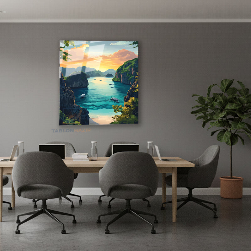 Dikey Cam Tablo Salon Duvar Tablosu Dikey Cam Koy Manzarasi Yeni Ev Hediyesi Ofis Tablosu