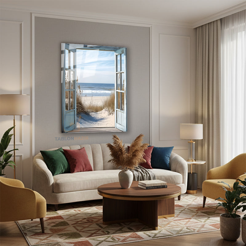 Dikey Cam Tablo Salon Duvar Tablosu Dikey Cam Sahile Acilan Kapi Yeni Ev Hediyesi Ofis Tablosu