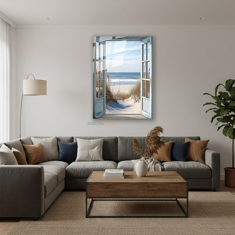 Dikey Cam Tablo Salon Duvar Tablosu Dikey Cam Sahile Acilan Kapi Yeni Ev Hediyesi Ofis Tablosu