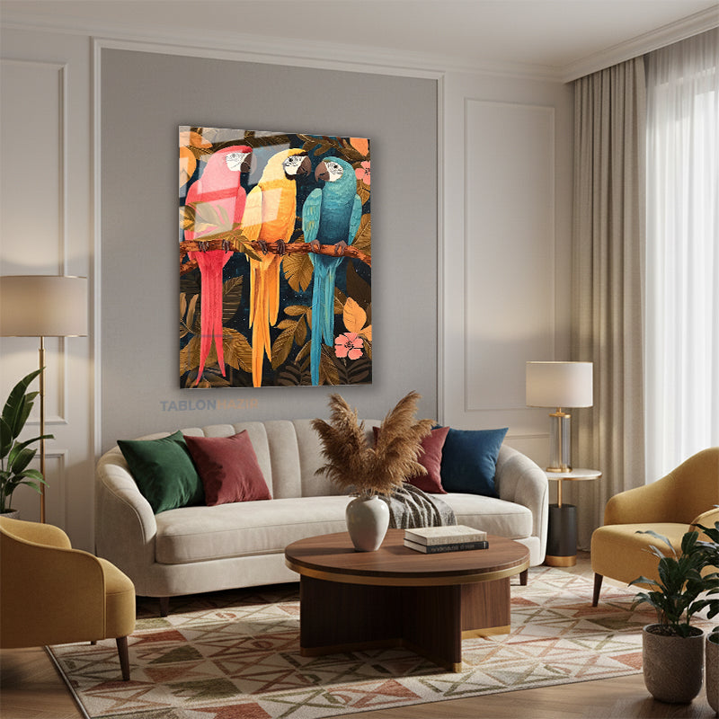 Dikey Cam Tablo Salon Duvar Tablosu Dikey Cam Uc Papagan Yeni Ev Hediyesi Ofis Tablosu