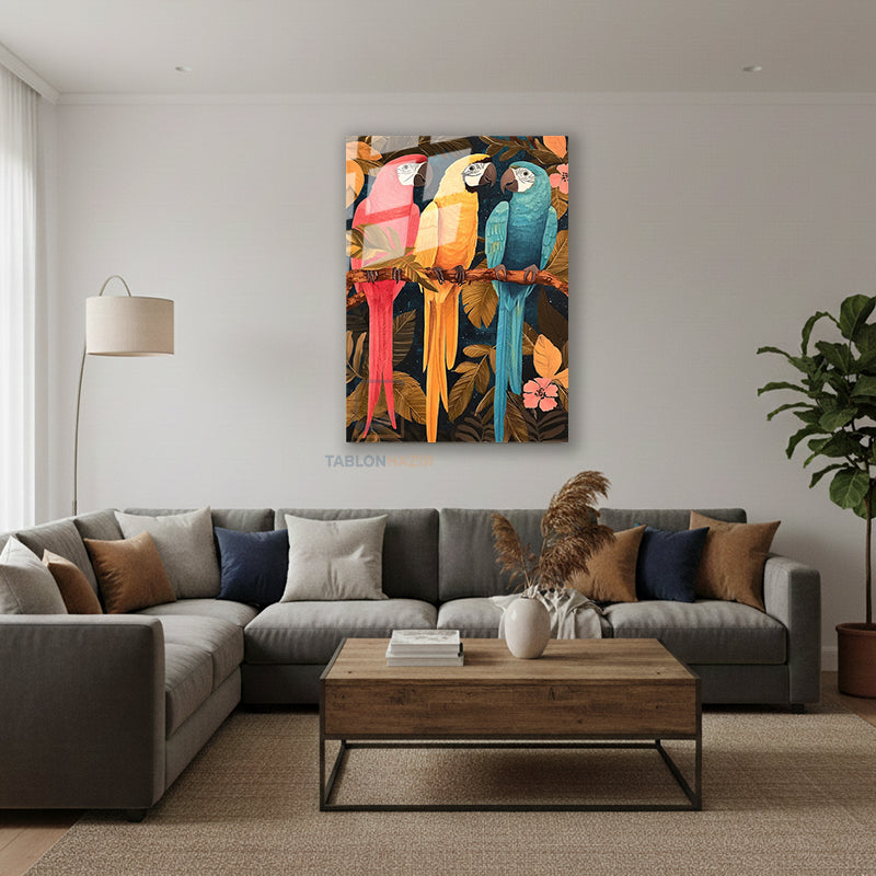 Dikey Cam Tablo Salon Duvar Tablosu Dikey Cam Uc Papagan Yeni Ev Hediyesi Ofis Tablosu