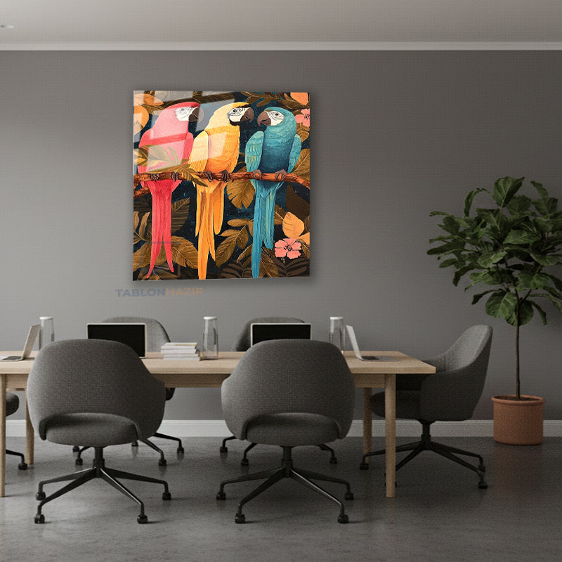 Dikey Cam Tablo Salon Duvar Tablosu Dikey Cam Uc Papagan Yeni Ev Hediyesi Ofis Tablosu