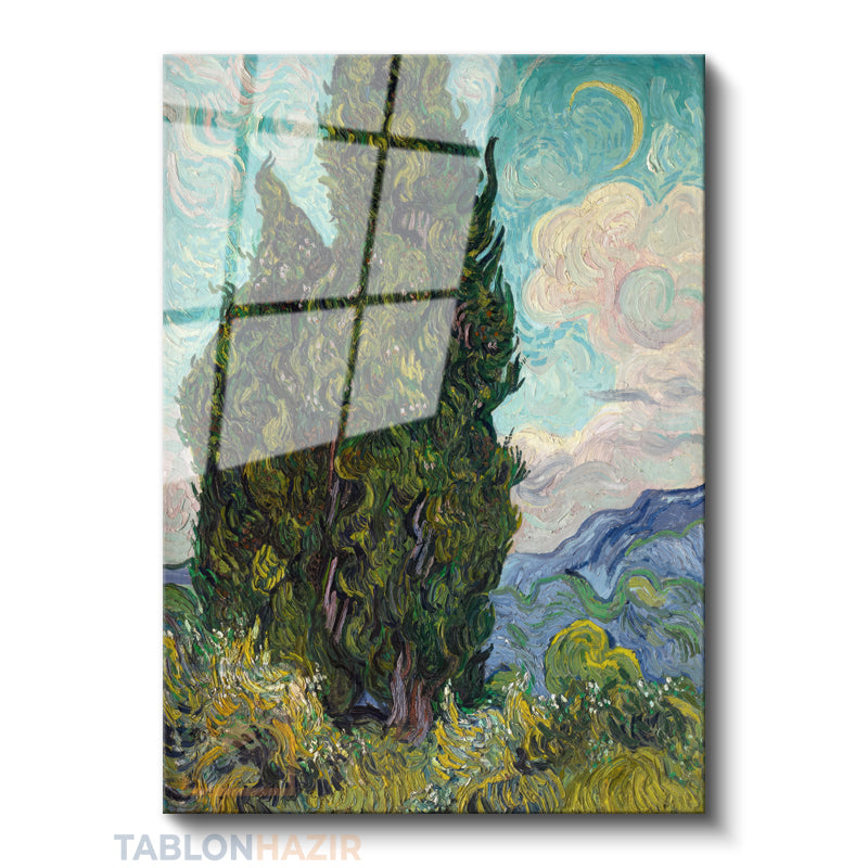 Dikey Cam Tablo Salon Duvar Tablosu Dikey Cam Vangogh Cypresses Yeni Ev Hediyesi Ofis Tablosu
