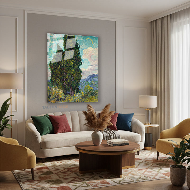Dikey Cam Tablo Salon Duvar Tablosu Dikey Cam Vangogh Cypresses Yeni Ev Hediyesi Ofis Tablosu