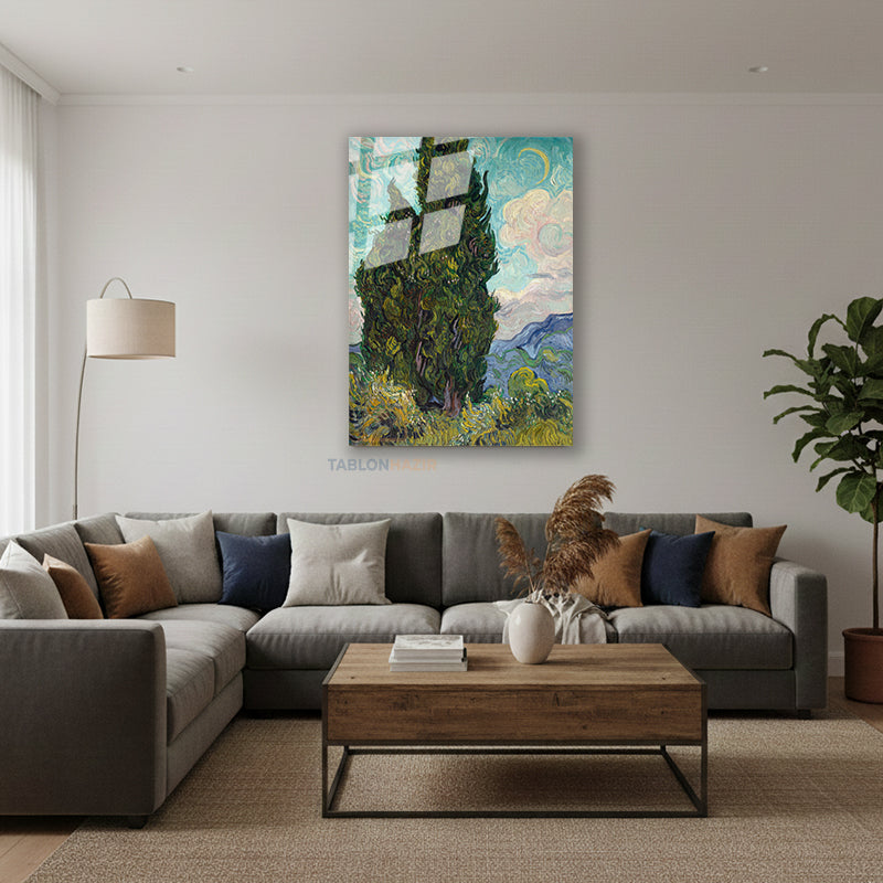Dikey Cam Tablo Salon Duvar Tablosu Dikey Cam Vangogh Cypresses Yeni Ev Hediyesi Ofis Tablosu