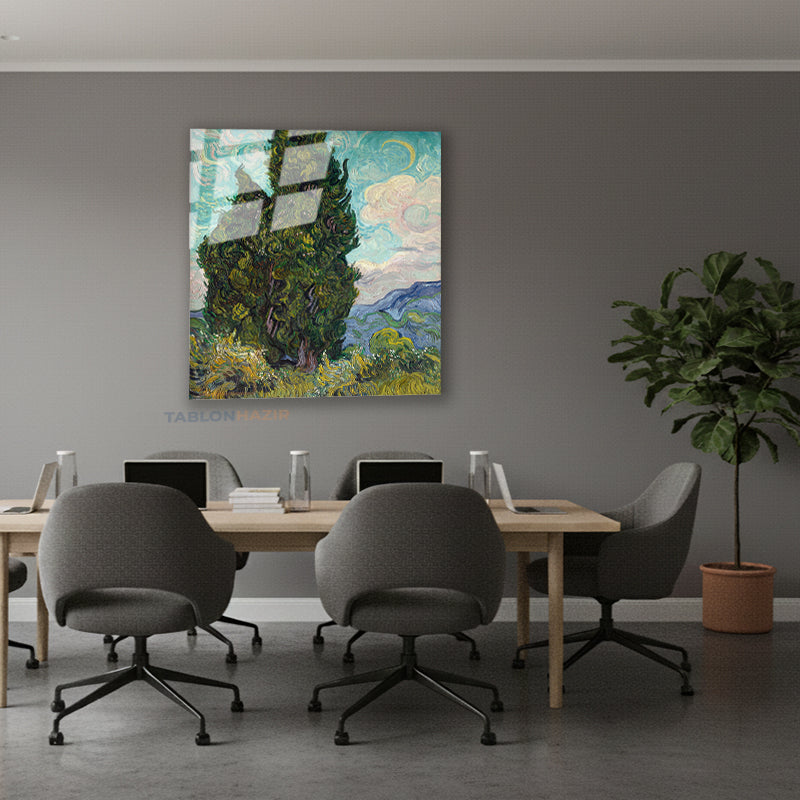 Dikey Cam Tablo Salon Duvar Tablosu Dikey Cam Vangogh Cypresses Yeni Ev Hediyesi Ofis Tablosu