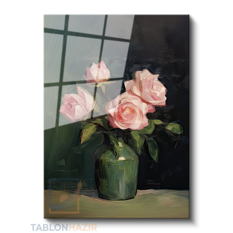 Dikey Cam Tablo Salon Duvar Tablosu Dikey Cam Vazoda Pembe Guller Yeni Ev Hediyesi Ofis Tablosu