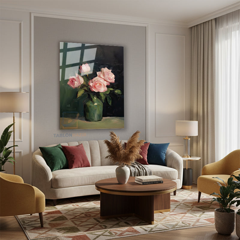 Dikey Cam Tablo Salon Duvar Tablosu Dikey Cam Vazoda Pembe Guller Yeni Ev Hediyesi Ofis Tablosu