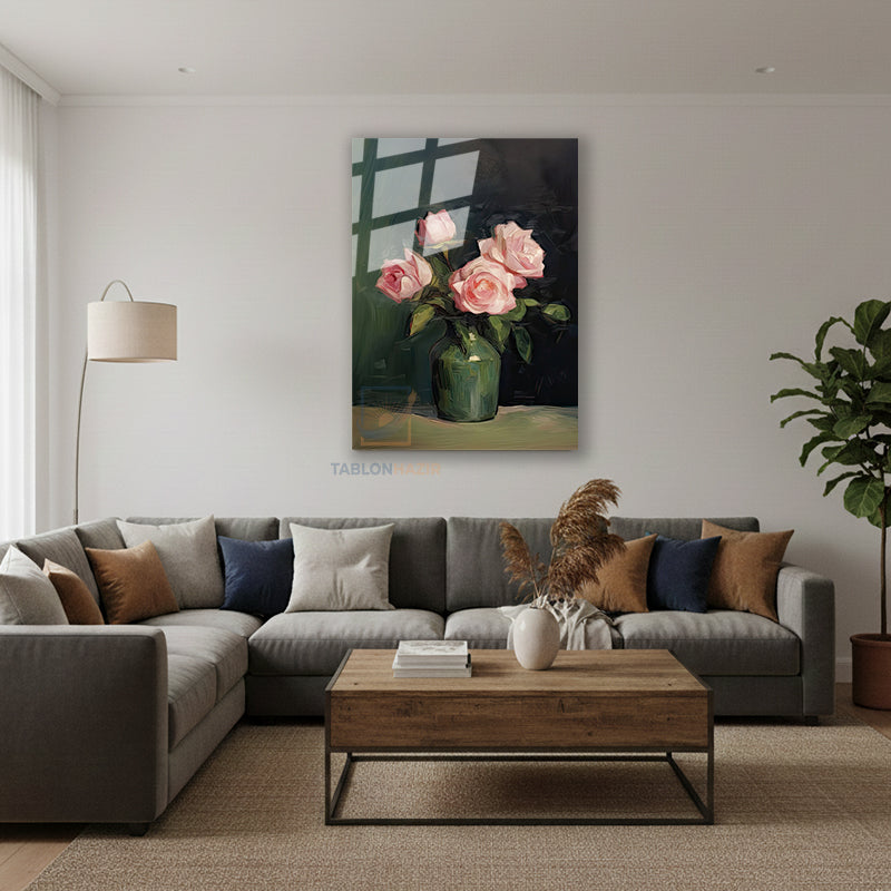 Dikey Cam Tablo Salon Duvar Tablosu Dikey Cam Vazoda Pembe Guller Yeni Ev Hediyesi Ofis Tablosu