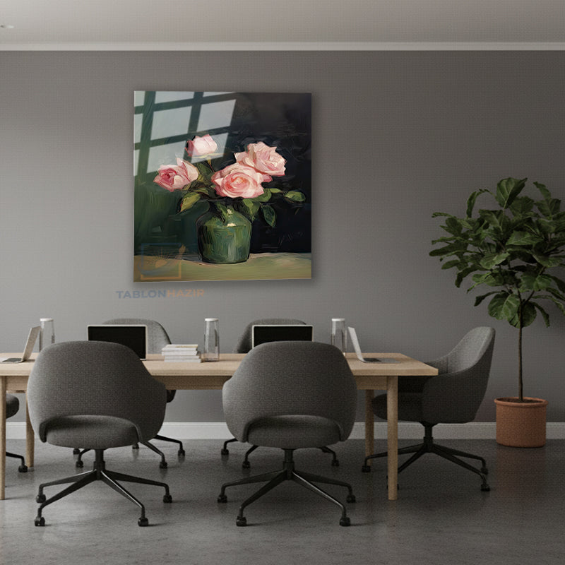 Dikey Cam Tablo Salon Duvar Tablosu Dikey Cam Vazoda Pembe Guller Yeni Ev Hediyesi Ofis Tablosu