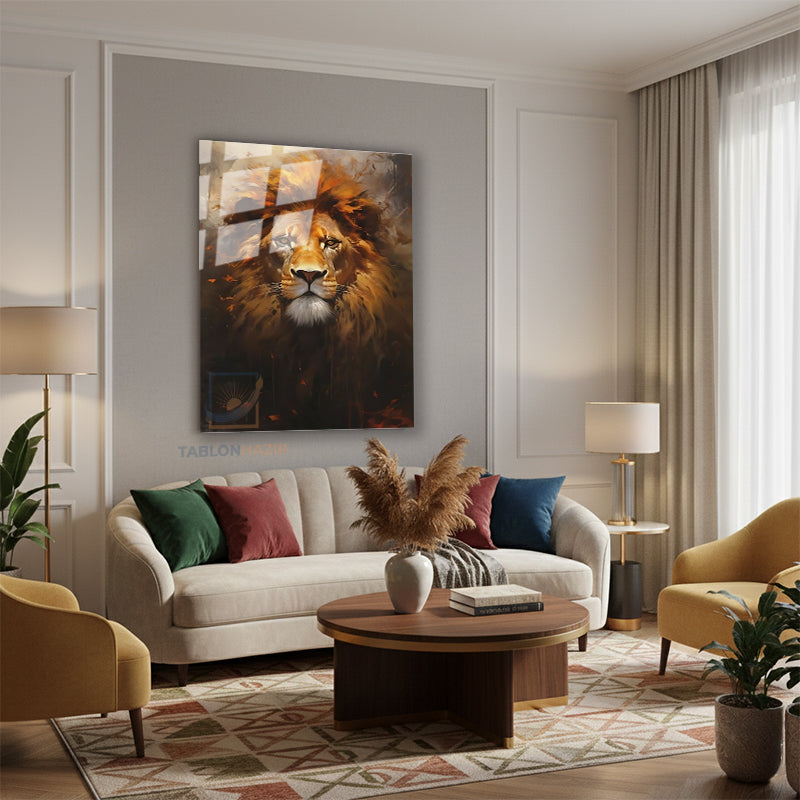 Dikey Cam Tablo Salon Duvar Tablosu Dikey Cam Aslansarı Yeni Ev Hediyesi Ofis Tablosu