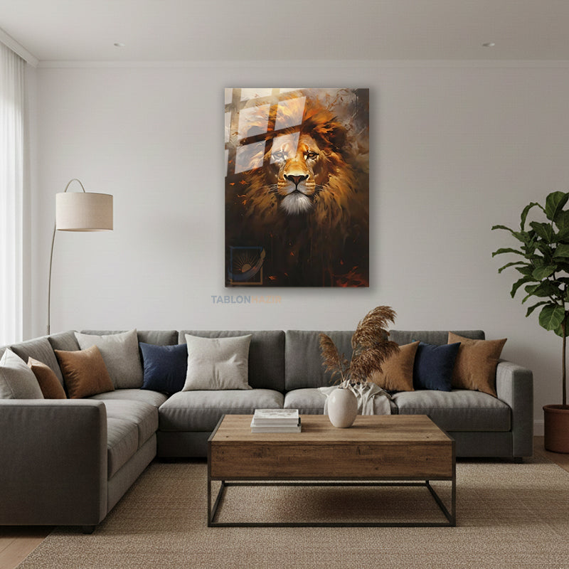 Dikey Cam Tablo Salon Duvar Tablosu Dikey Cam Aslansarı Yeni Ev Hediyesi Ofis Tablosu