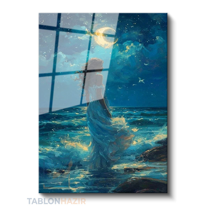 Dikey Cam Tablo Salon Duvar Tablosu Dikey Cam Ay Isıgı Elbiseli Kiz Yeni Ev Hediyesi Ofis Tablosu