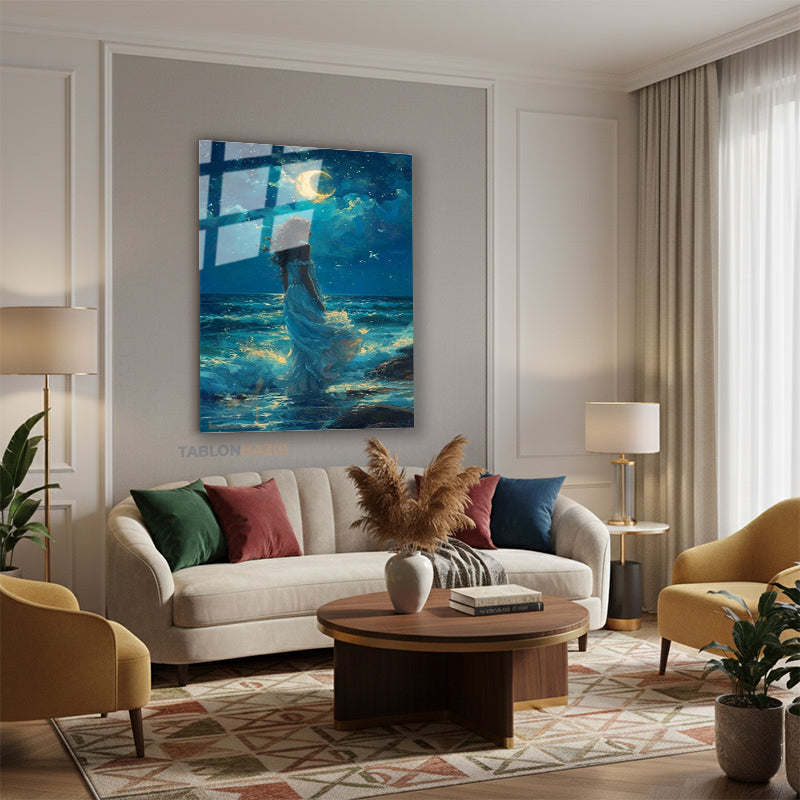 Dikey Cam Tablo Salon Duvar Tablosu Dikey Cam Ay Isıgı Elbiseli Kiz Yeni Ev Hediyesi Ofis Tablosu