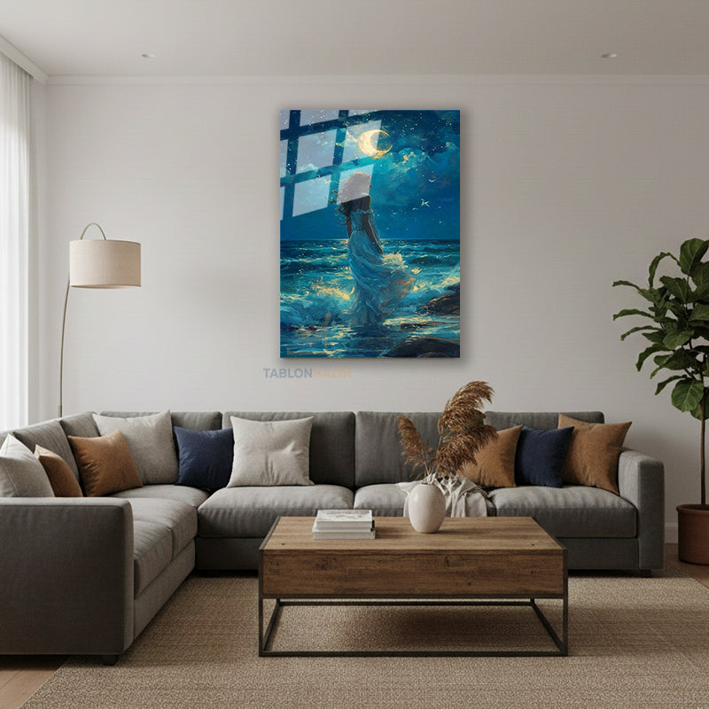 Dikey Cam Tablo Salon Duvar Tablosu Dikey Cam Ay Isıgı Elbiseli Kiz Yeni Ev Hediyesi Ofis Tablosu