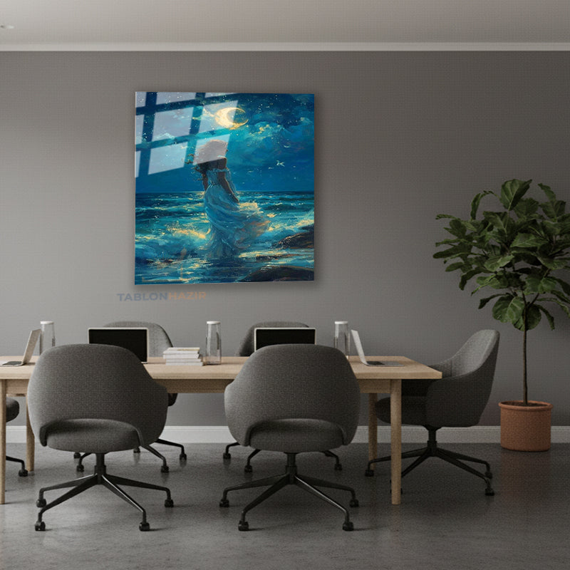 Dikey Cam Tablo Salon Duvar Tablosu Dikey Cam Ay Isıgı Elbiseli Kiz Yeni Ev Hediyesi Ofis Tablosu