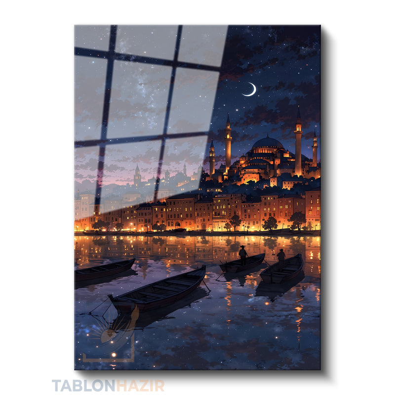 Dikey Cam Tablo Salon Duvar Tablosu Dikey Cam Ayasofya Gece Ay Yeni Ev Hediyesi Ofis Tablosu