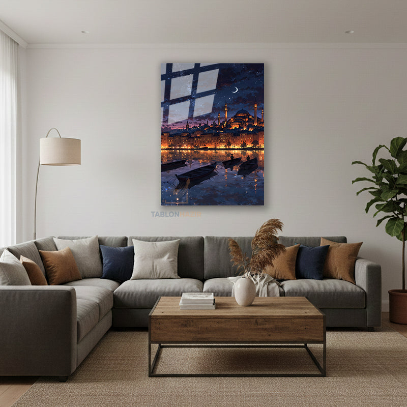 Dikey Cam Tablo Salon Duvar Tablosu Dikey Cam Ayasofya Gece Ay Yeni Ev Hediyesi Ofis Tablosu