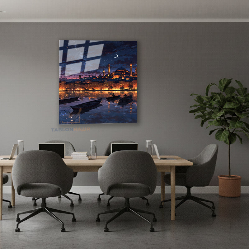Dikey Cam Tablo Salon Duvar Tablosu Dikey Cam Ayasofya Gece Ay Yeni Ev Hediyesi Ofis Tablosu