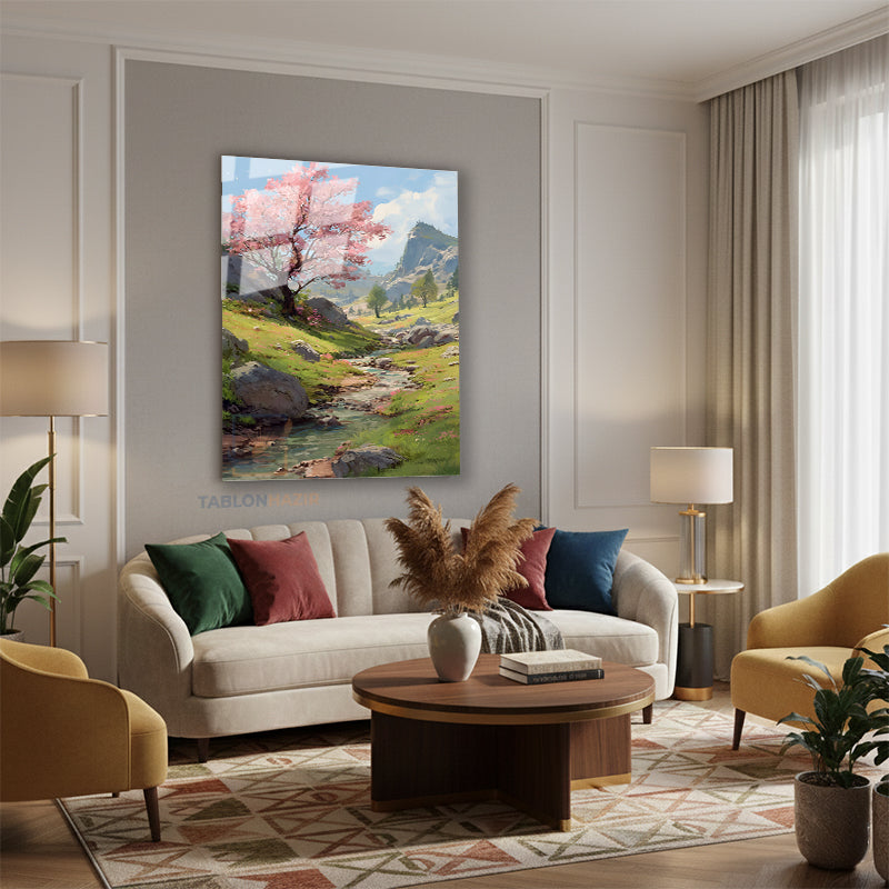 Dikey Cam Tablo Salon Duvar Tablosu Dikey Cam Cam Akarsu Dag Yeni Ev Hediyesi Ofis Tablosu