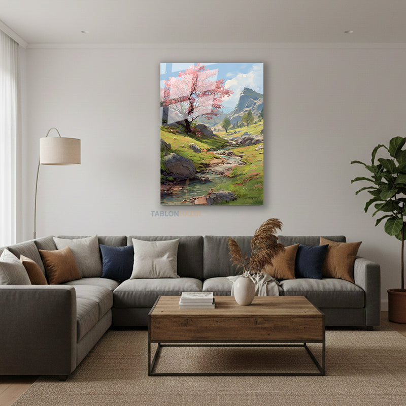 Dikey Cam Tablo Salon Duvar Tablosu Dikey Cam Cam Akarsu Dag Yeni Ev Hediyesi Ofis Tablosu