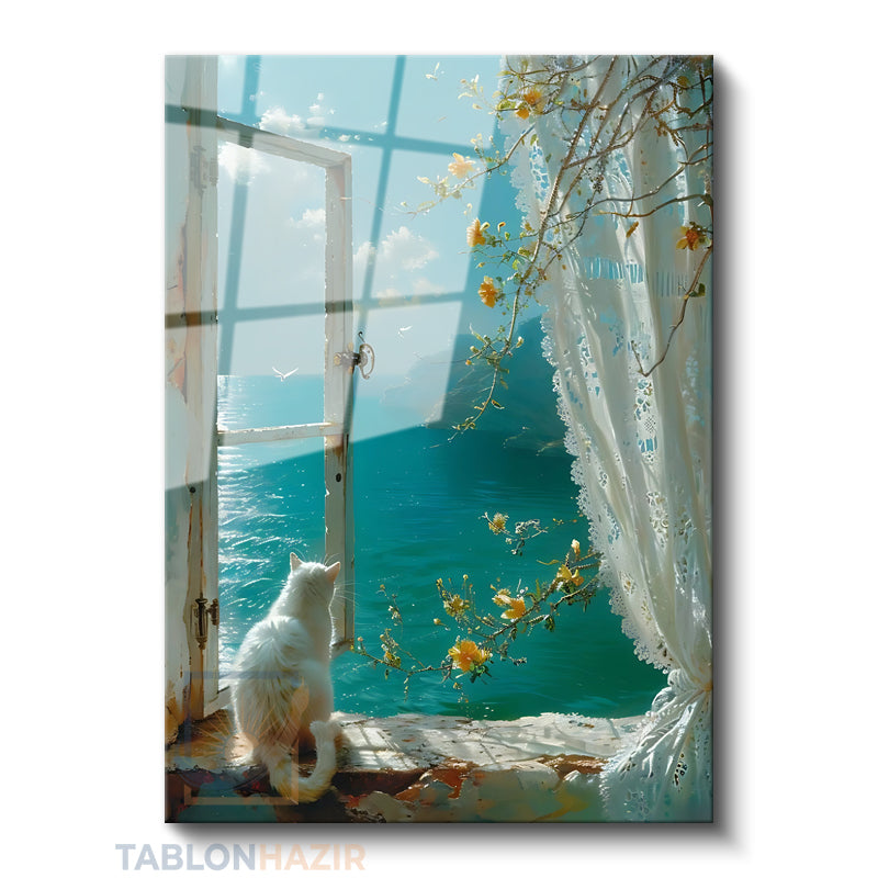 Dikey Cam Tablo Salon Duvar Tablosu Dikey Cam Camdaki Kedi Manzara Yeni Ev Hediyesi Ofis Tablosu