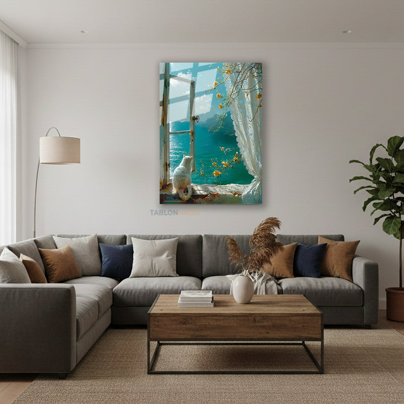 Dikey Cam Tablo Salon Duvar Tablosu Dikey Cam Camdaki Kedi Manzara Yeni Ev Hediyesi Ofis Tablosu